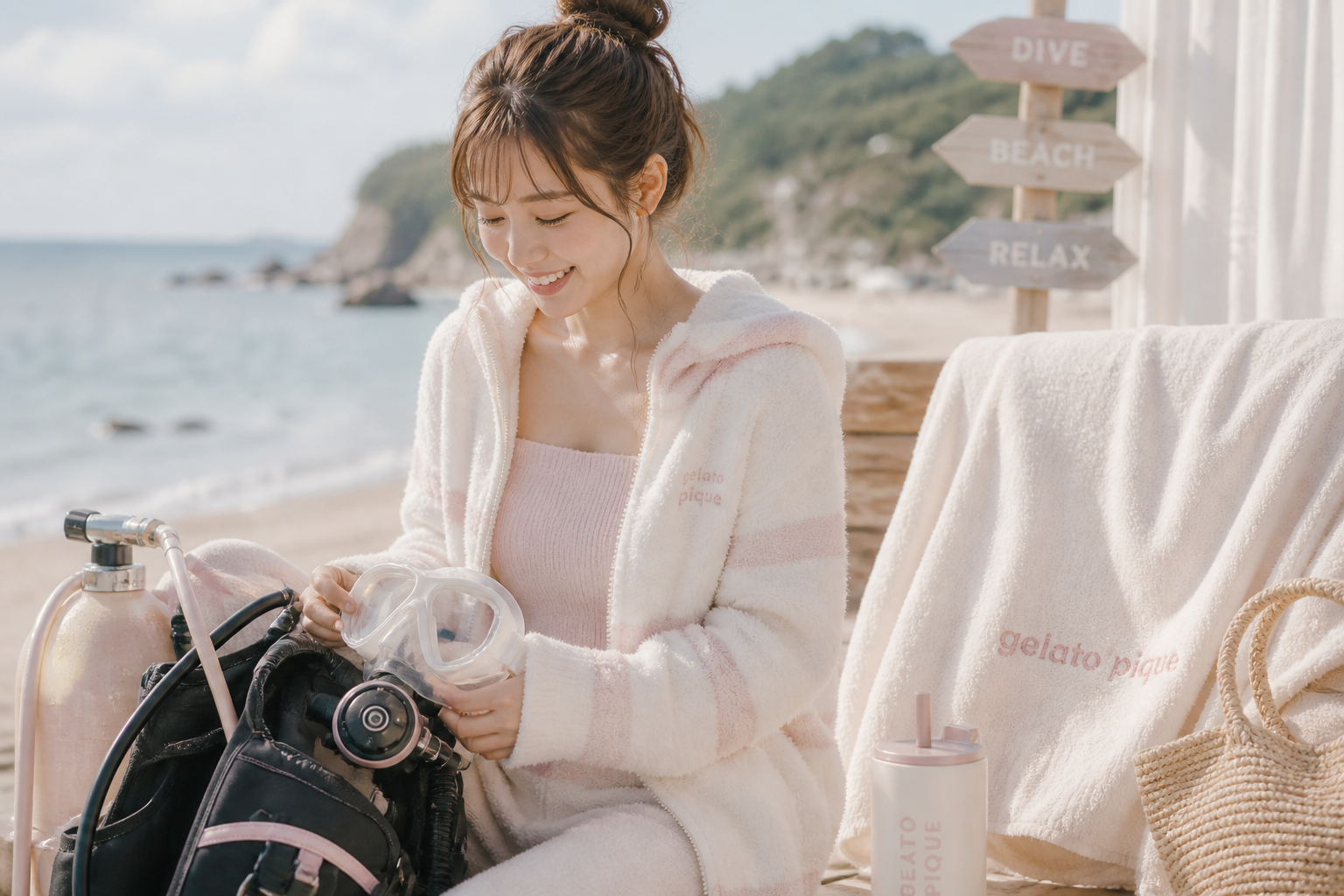 初夏の伊豆・河津の海で体験ダイビングの準備をする女性の様子。少人数でゆっくり進める講習環境で、初心者でも安心して参加できるダイビングの雰囲気（河津ダイビングセンター・Tiara）